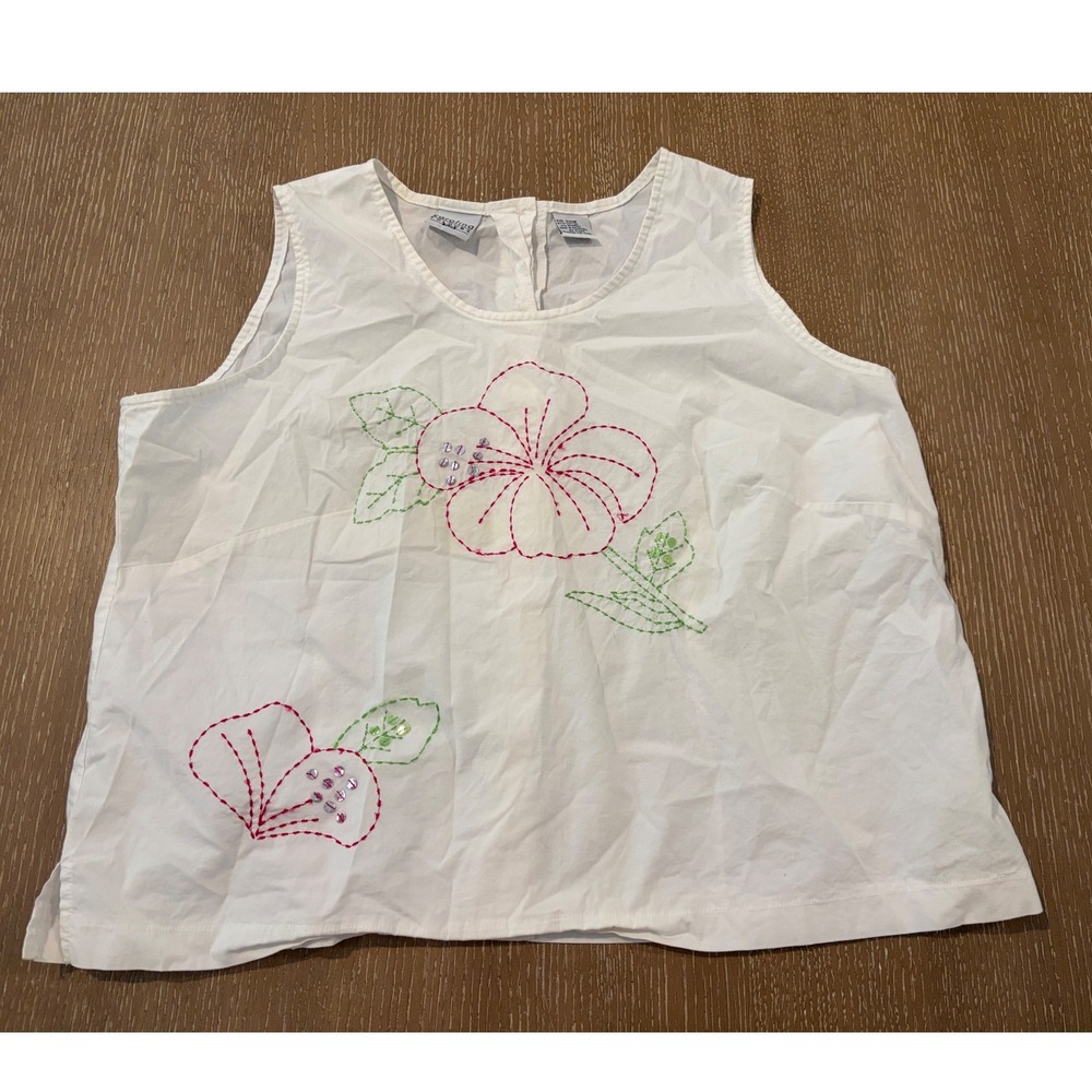 Carolina Colours Women 20W White Sleeveless Floral Embroidered Beaded Top Blouse